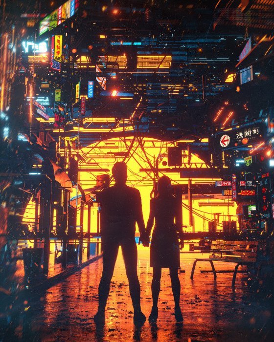 artwork digital art building cyber city couple cyberpunk
