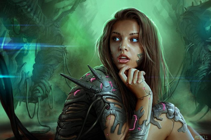 Cyber Woman girl lone green background long hair machine