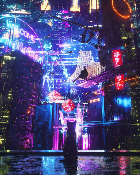 digital art cyber city cyberpunk cats 2k