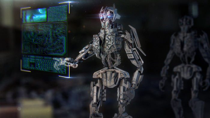 gray robot touching screen wallpaper mech machine technology