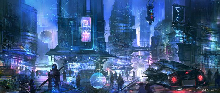 science fiction cyberpunk digital art city night building exterior