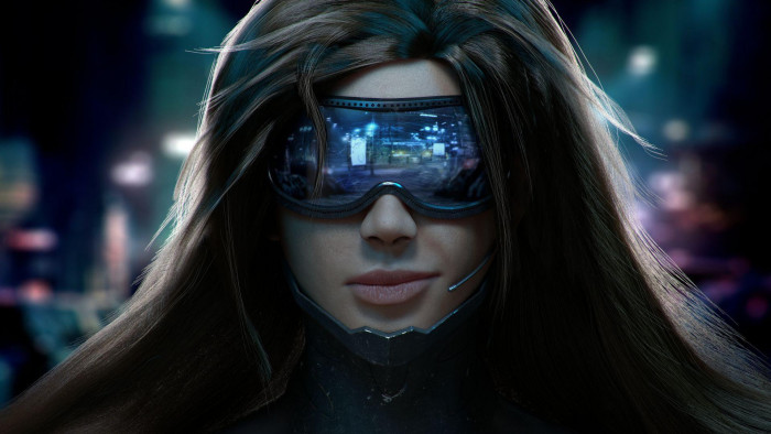 Woman Wearing Cyber Goggles armor artwork cyberpunk pulsefire