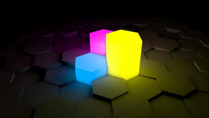 blocks blue pink yellow dark abstract hexagon shining 2k