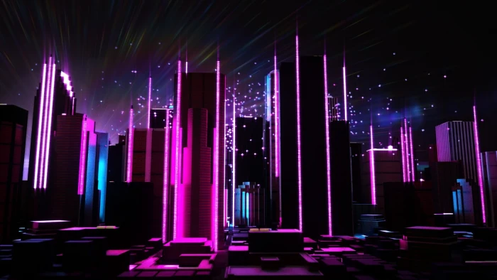 black and purple city buildings Retrowave background