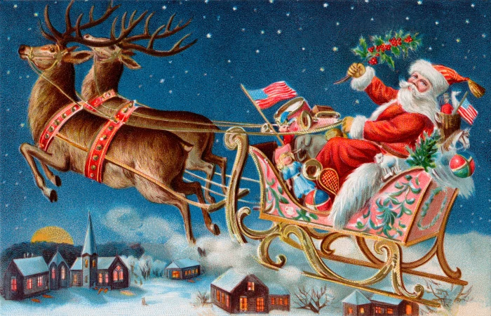 Santa Claus on sleigh with reindeer painting winter toys gifts 2k 4k 5k