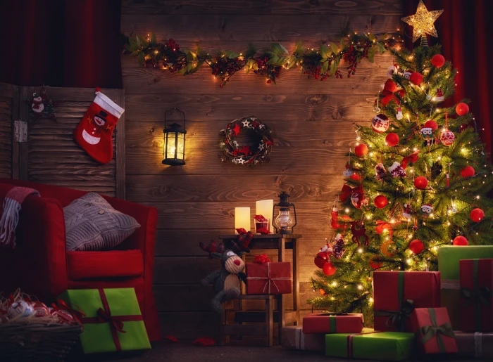 green Christmas tree New Year merry christmas interior decoration 2k 4k 5k