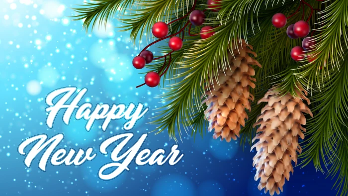 uhd happy new year cone snowing winter pine branches 2k 4k 5k