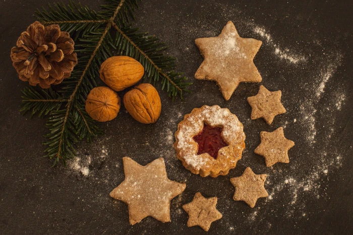 Overhead shot of tasty Christmas Cookies food Drink xmas dessert 2k 4k