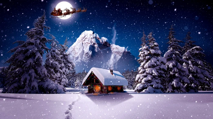 winter santa claus sleigh sledge snow snowing moon log cabin 46 2k