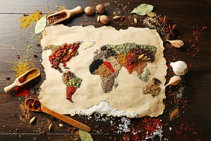 assorted color spicies world map artwork spices food indoors 2k