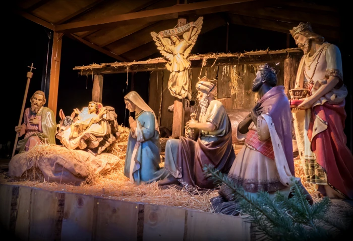 The Birth of Jesus Christ nativity scene Crib Father Christmas 2k 4k