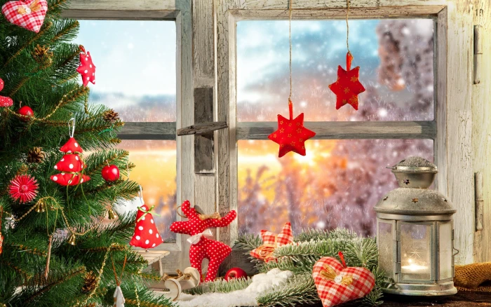Christmas decoration gray candle lantern star bauble and christmas tree 2k