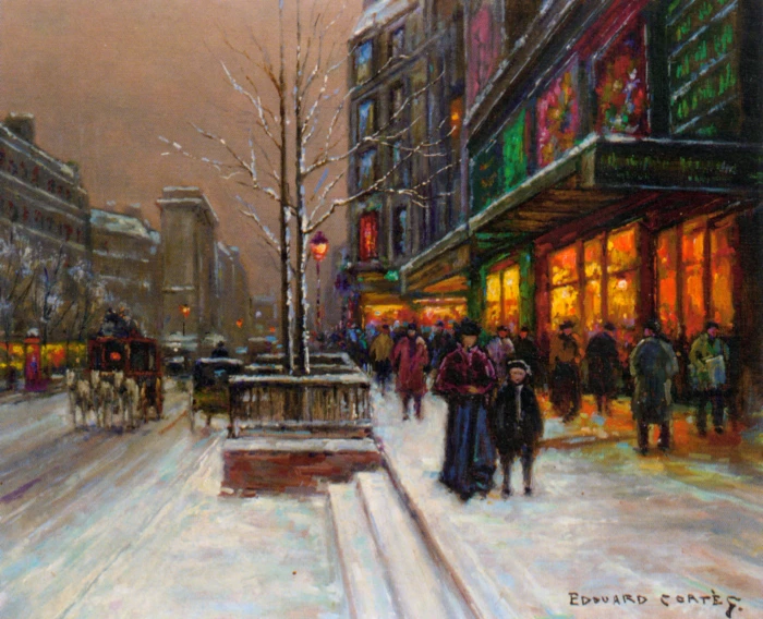 group of people walking near road painting winter snow Paris 2k