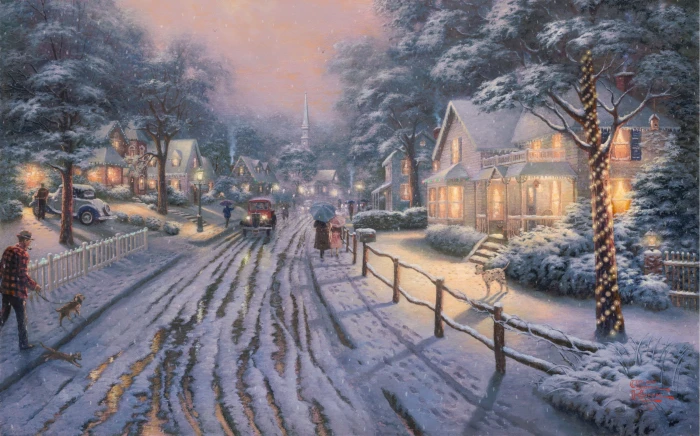 snow village digital wallpaper winter road machine lights 2k