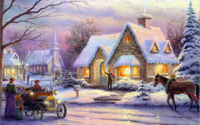 Christmas Village digital wallpaper winter machine retro people 2k