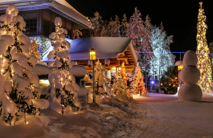 black light post snow night trees Christmas house lantern 2k