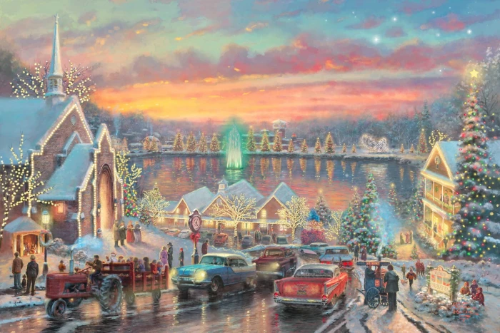 christmas village illustration road machine lights river 2k