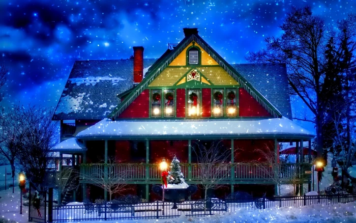 Snow winter house New Year Christmas lights trees evening blue red and yellow