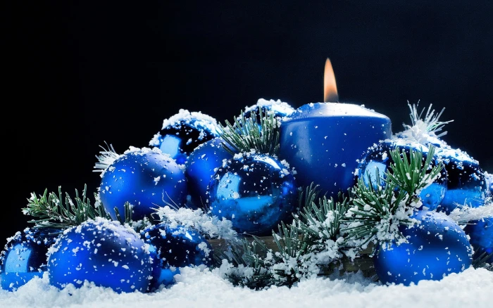 blue pillar candle and bauble balls snow candles Christmas ornaments