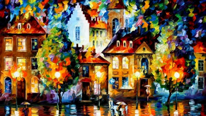 buildings canvas painting trees landscape the city people