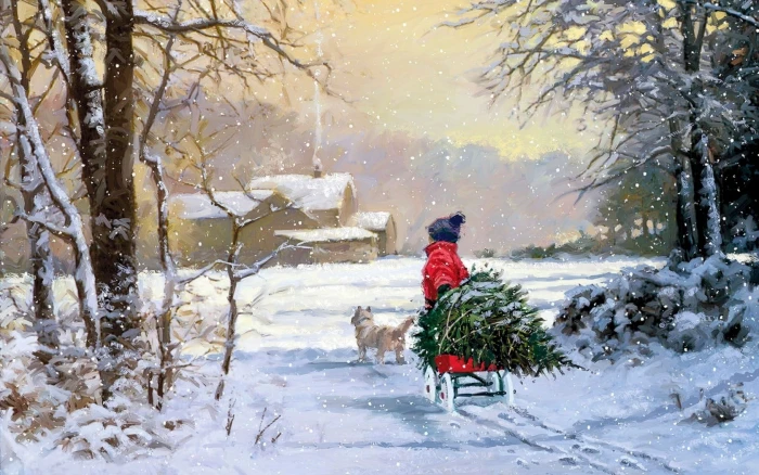 artwork snow winter painting children cottage pet Christmas