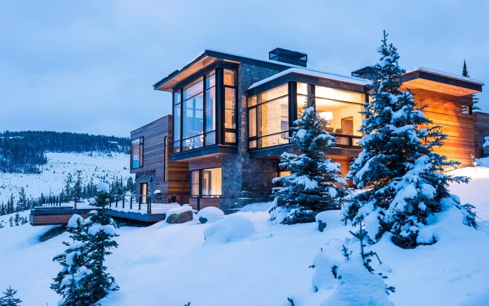 brown wooden house modern winter snow trees building architecture