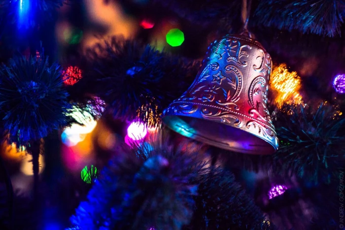 silver bell ornament closeup photography of Christmas tree with string lights turned on