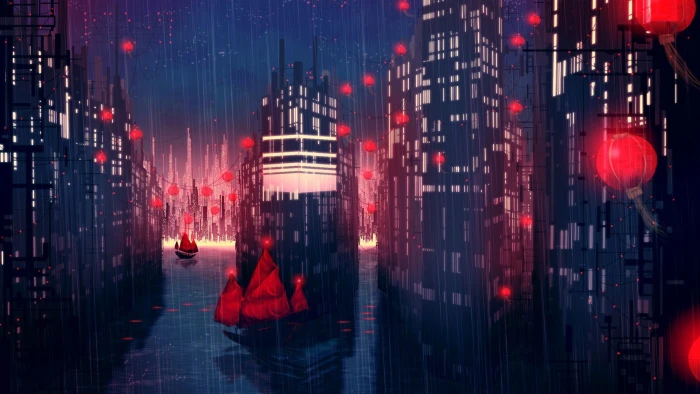 red sail boat beside building wallpaper city buildings on rainy evening illustration