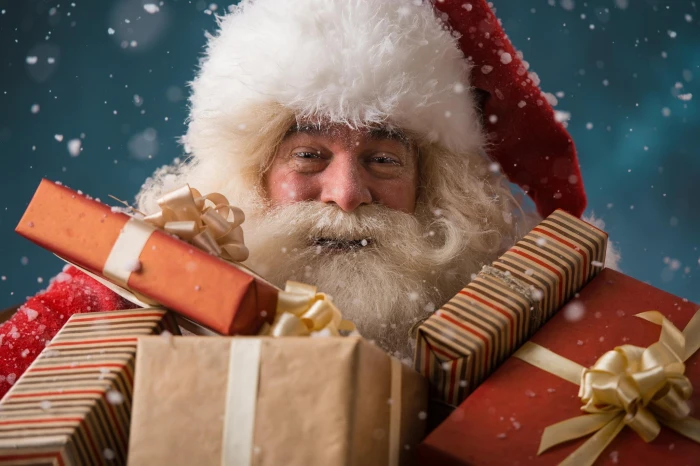 Father Christmas santa claus and gift boxes fur beard gifts 2k