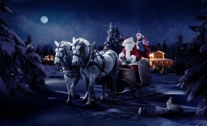 santa claus sleigh girl horse tree night christmas bag gifts