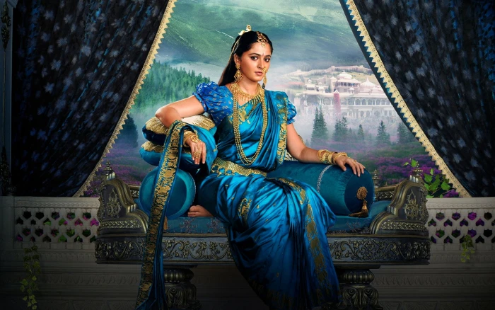 Actresses Anushka Shetty Brunette Indian Sari sitting
