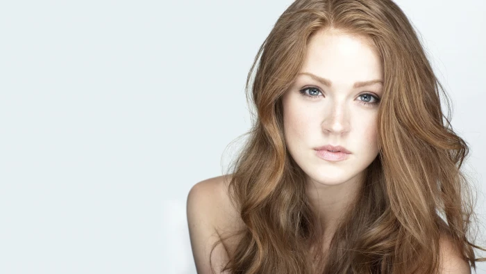 actress Maggie Geha blue eyes face long hair white background 2k 4k 5k