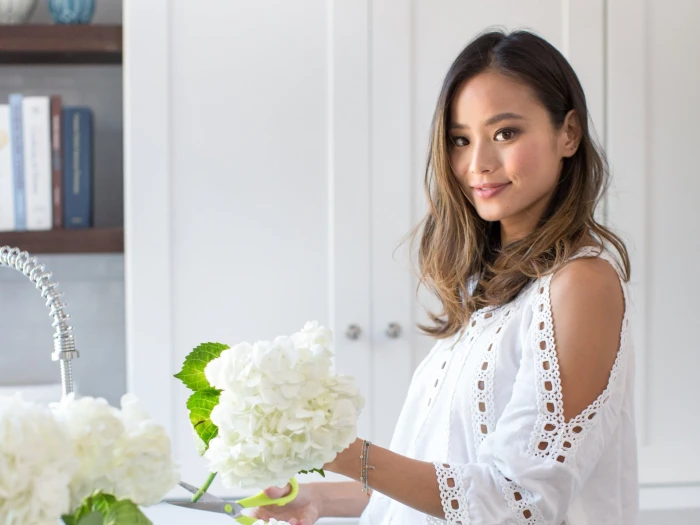 Actresses Jamie Chung American Brown Eyes Brunette flower arrangement