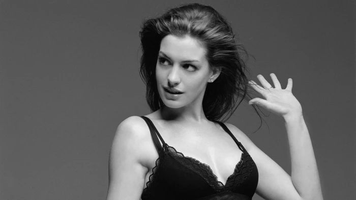 Anne Hathaway women actress monochrome portrait cleavage