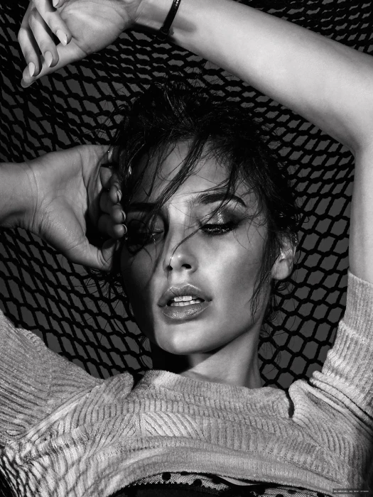 arms up monochrome portrait actress celebrity Gal Gadot