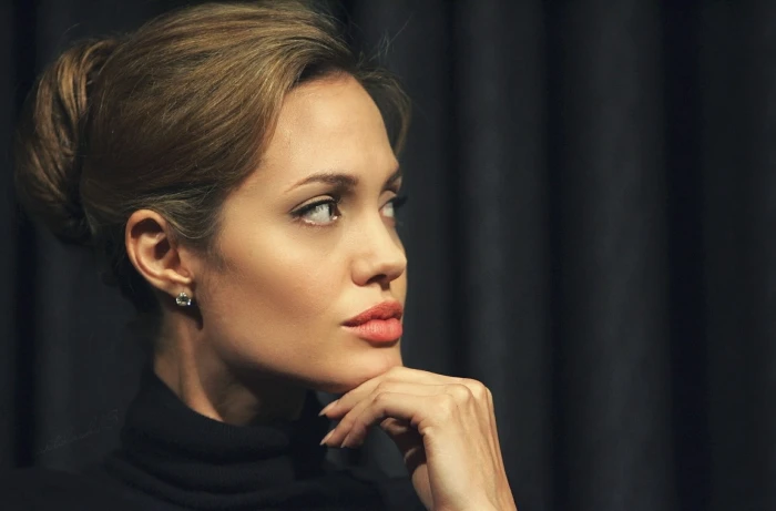 Angelina Jolie actress women brunette hairbun profile