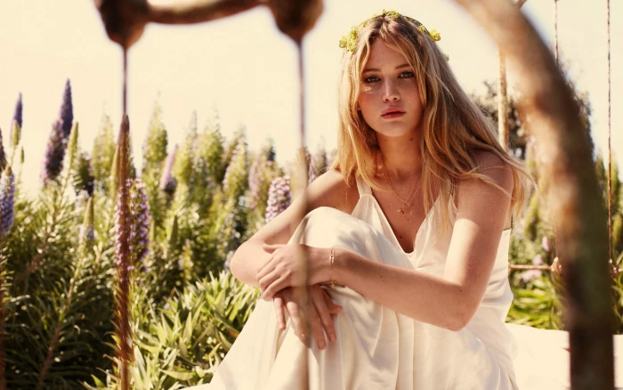 Beautiful Actress Jennifer Lawrence women's white v neck wide strap dress 2k