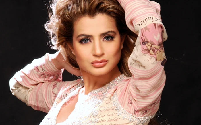 Bollywood Actress Ameesha Patel HD women's pink white striped long sleeve top