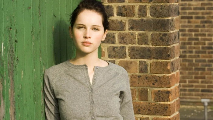 Felicity Jones actress women green eyes portrait brick