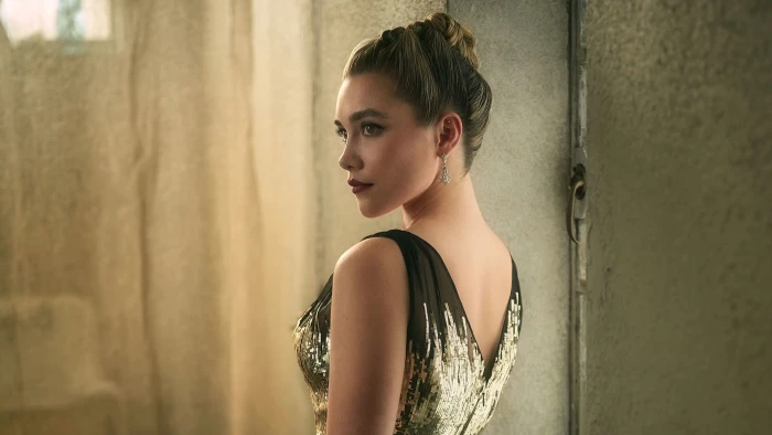 Florence Pugh women actress blonde gold dress indoors