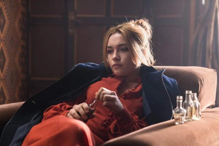 Florence Pugh women actress green eyes drinking sitting