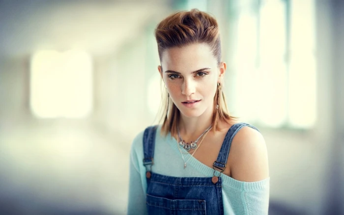 Emma Watson women actress overalls sweater bare shoulders