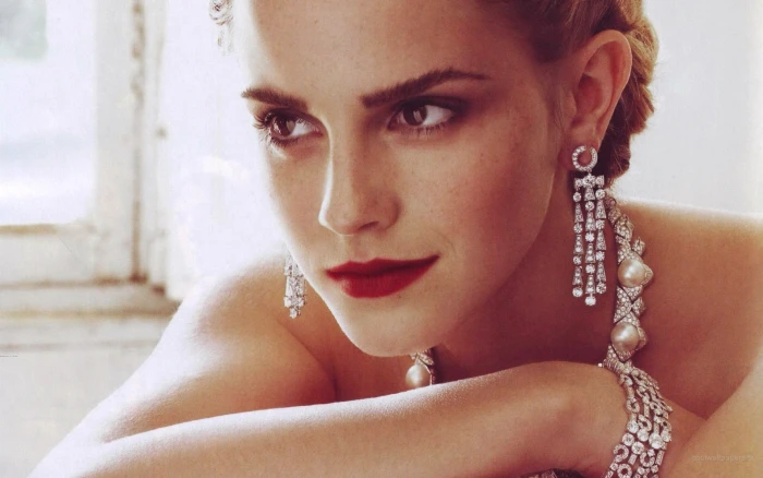 Emma Wattson Watson actress red lipstick face bracelets 57