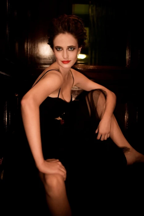 Eva Green women black dress red lipstick brunette French