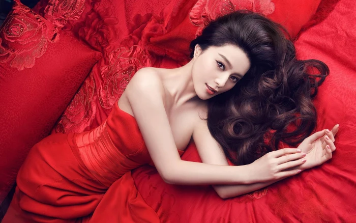 Fan Bingbing women Asian brunette long hair dress red 2k