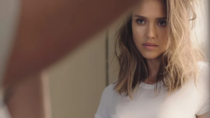 Jessica Alba women actress brunette white tops looking into the distance