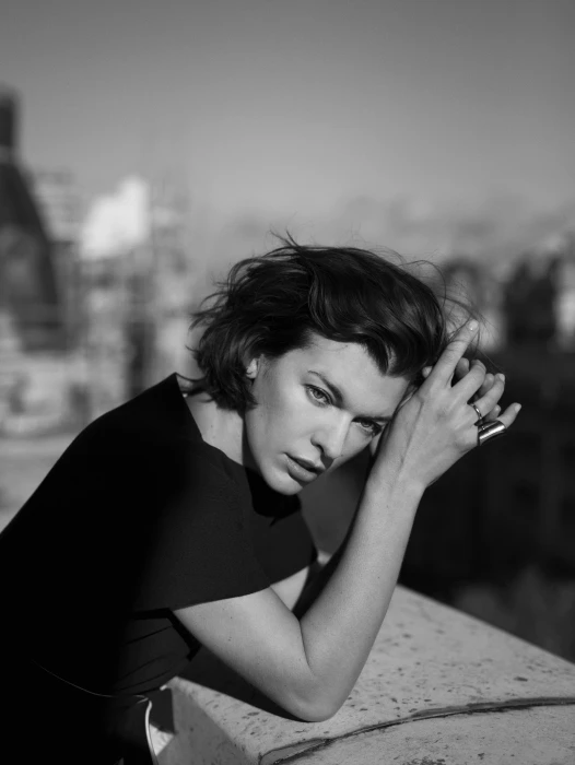 Milla Jovovich actress model monochrome brunette blue eyes 2k