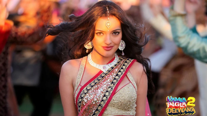 Kristina Akheeva In Saree women's gold and red sari dress Bollywood Celebrities