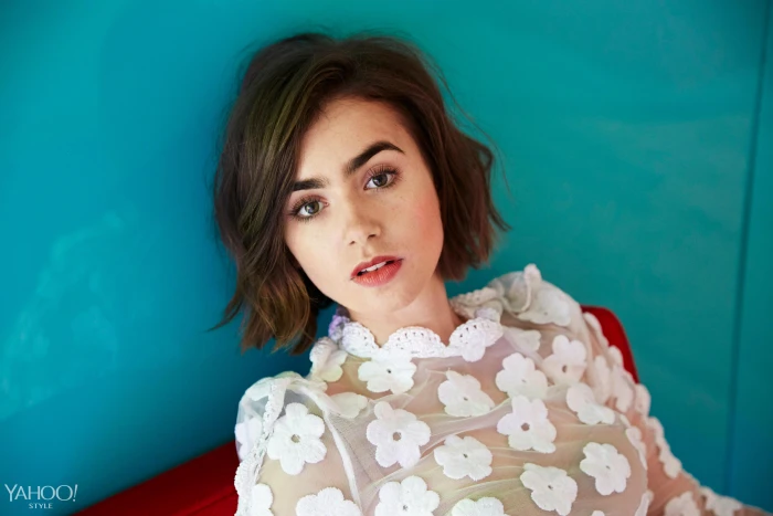 Lily Collins actress brunette women celebrity red lipstick 2k 4k 5k