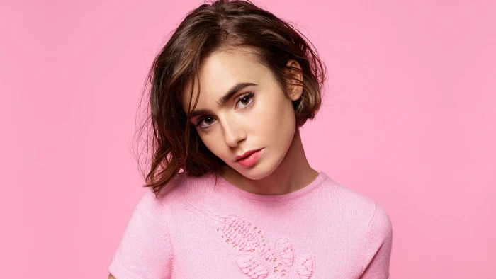 Lily Collins actress celebrity brunette women pink sweater 2k